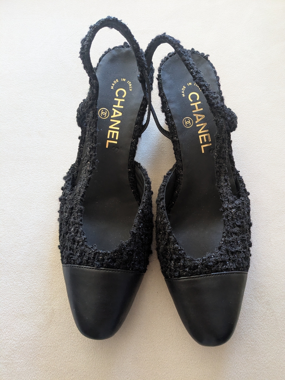 NEW Chanel Black Tweed Slingback Pumps - size 39